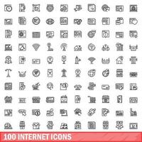 100 internet icons set, outline style vector