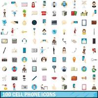100 cell phone icons set, cartoon style