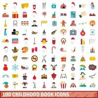 100 childhood book icons set, flat style vector