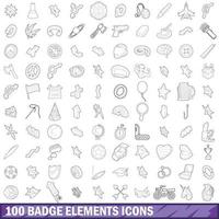 100 badge elements icons set, outline style
