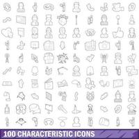 100 characteristic icons set, outline style vector