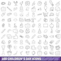 100 niños día conjunto de iconos, estilo de contorno vector