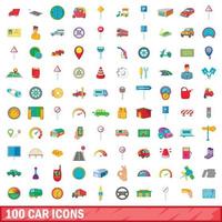 100 car icons set, cartoon style vector