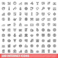 100 internet icons set, outline style vector