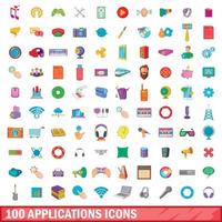 100 aplicaciones, conjunto de iconos de estilo de dibujos animados vector