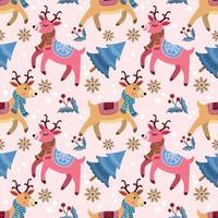 Cute deer with Christmas tree in winter seamless pattern. vector