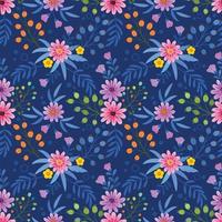 Colorful hand draw flowers on blue background seamless pattern vector