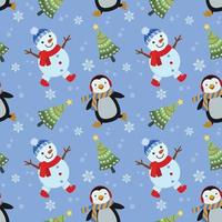 lindo muñeco de nieve, pingüino con árbol de navidad de patrones sin fisuras. vector