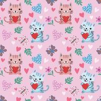 Cute cartoon cat and butterfly with heart shape seamless pattern. vector