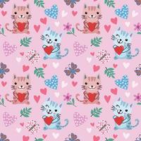 Cute cartoon cat and butterfly with heart shape seamless pattern. vector