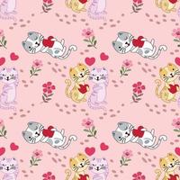 Cute cat with red heart shape in flowers garden pattern. vector