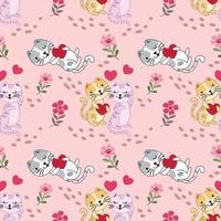 Cute cat with red heart shape in flowers garden pattern. vector