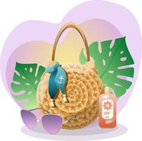 Colorful summer vibes beach handbag, lemonade, glasses,monstera in trendy style on colorful background. Travel concept. Relax paradise. Modern design. Trendy vector style.