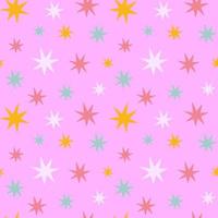 Vector seamless pattern with colorful cute retro stars on pink background. Abstract glitter trendy wallpaper for kids, retro design and 1970s party.