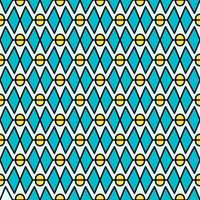 patrón retro de moda sin costuras. ornamento de vector geométrico coloreado en estilo vintage. estampado decorativo con rombo turquesa, óvalo amarillo y líneas negras sobre fondo azul.