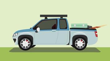 Pickup truck vehicle two tone of blue and dark blue. with steel rack on top of roof. Carrying water tanks and serving. on green background. vector