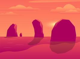 Sunset or sunrise in the ocean, background of natural landscapes, pink clouds. the sun shining over the sea with rocks sticking out of the surface of the water. Afternoon or morning view vector