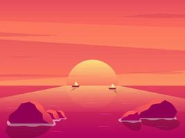 Sunset or sunrise in the ocean, background of natural landscapes, pink clouds. the sun shining over the sea with rocks sticking out of the surface of the water. Afternoon or morning view vector