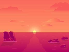 Sunset or sunrise in the ocean, background of natural landscapes, pink clouds. the sun shining over the sea with rocks sticking out of the surface of the water. Afternoon or morning view vector