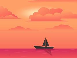 Sunset or sunrise in the ocean, background of natural landscapes, pink clouds. the silhouette of a fishing boat on the surface of the water. Afternoon or morning view of cartoon vector illustrations