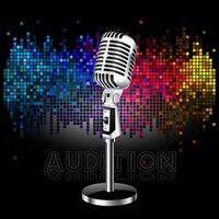 standing microphone illustration with colorful lighting background vector
