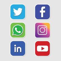 un conjunto de íconos de redes sociales facebook, twitter, instagram, whatsapp, you tube y linkedin vector