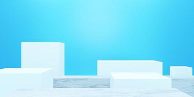 3d rendering of empty podium minimal blue background. Scene for advertising design, cosmetic ads, show, showroom, technology, food, banner, cream, fashion, kid, luxury. Illustration. Product display photo