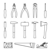 Carpenter tools vector icon set in line art style isolated on white background. Vector illustration.