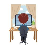 Young boy sitting at a table and studying at the computer at home . Online education concept in cartoon style isolated on white background. Stay at home. Vector illustration