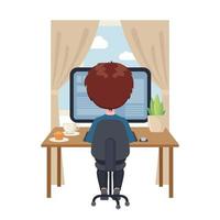 Young boy sitting at a table and studying at the computer at home . Online education concept in cartoon style isolated on white background. Stay at home. Vector illustration