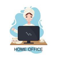 Young adult cute woman in home clothes working at home with computer in flat style isolated on white background. Freelancer female character with cat and a cup of tea or coffee.Vector illustration. vector