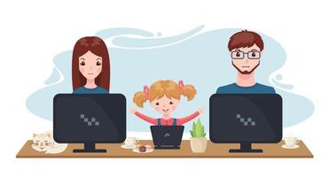 familia feliz trabajando y estudiando en casa con computadora en estilo de dibujos animados. personaje de mujer, hombre y niño con gato y tazas de té o café. oficina en casa y concepto de educación en el hogar. ilustración vectorial. vector