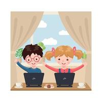 Young boy and girl sitting at a table and studying at the computer in home interior. Online education concept in cartoon style. Stay at home. Vector illustration