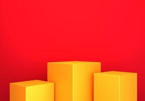 3d rendering of empty gold podium abstract minimal red background. Scene for advertising design, cosmetic ads, show, technology, banner, cream, new year. Illustration. Product display. copy space photo