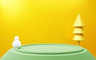 Representación 3D de podio verde con fondo amarillo. concepto de navidad. escena para publicidad, tecnología, espectáculo, afiche, pancarta, cosmética, moda, niño, guardería. ilustración de año nuevo. pantalla del producto foto