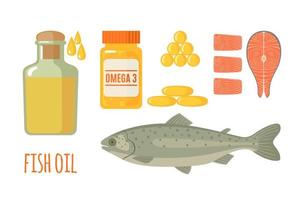 Fish oil icons set in flat style isolated on white background. Healthy seafood, fish oil in bottle and softgel pills. Vector illustration.