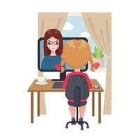 niña sentada en una mesa y estudiando en la computadora en casa. concepto de educación en línea en estilo de dibujos animados aislado sobre fondo blanco. Quédate en casa. ilustración vectorial vector