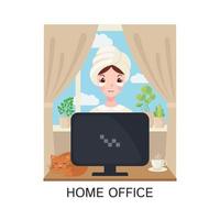 Young adult cute woman in home clothes working at home with computer in flat style isolated on white background. Freelancer female character with cat and a cup of tea or coffee.Vector illustration. vector