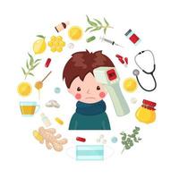 Cute boy with flu and high temperature in flat style isolated on white background. Sick child character with flu medication. Vector illustration.