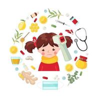 Cute girl with flu and high temperature in flat style isolated on white background. Sick child character with flu medication. Vector illustration.