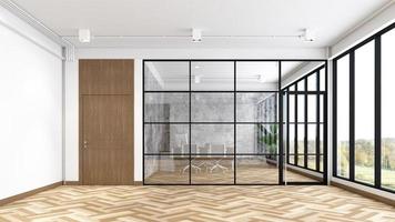 Industrial minimalist style empty room with manager room, wood floor and concrete wall. 3d rendering photo