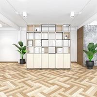 Industrial minimalist style empty room with wood cabinet, wood floor and white concrete wall. 3d rendering photo