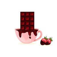 Porcelain Hot Chocolate Cup with Chocolate Bar and Strawberries in Chocolate Concept Coffee Shop vector