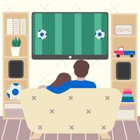 Couple watching championship of soccer on TV in the living room. Family at home. Vector illustration.