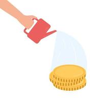 Human hand watering coins for grown vector illustration. Successful Investment Strategy concept.