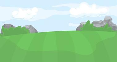 Summer landscape with green fields, forests and huge rocks. Natural landscape with green fields vector illustration.