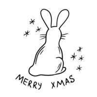 Rabbit sitting and looking forward new year. Merry Xmas concept. Cute animal in doodle style vector illustration.