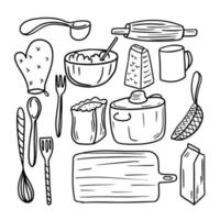 Hand drawn set of cooking elements bowl, spoon, flour, scale. Doodle sketch style. Illustration for icon, menu, recipe design. vector