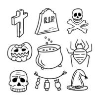 símbolos tradicionales de halloween dibujados a mano en estilo garabato. calabaza, araña, sombrero, dulces, calaveras, olla de poción mágica y etc. vector aislado sobre fondo blanco.