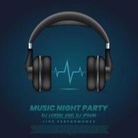 Afiche de la fiesta de la noche de música con ilustración de vector de auriculares de música, vector de volante de casa disco con auriculares